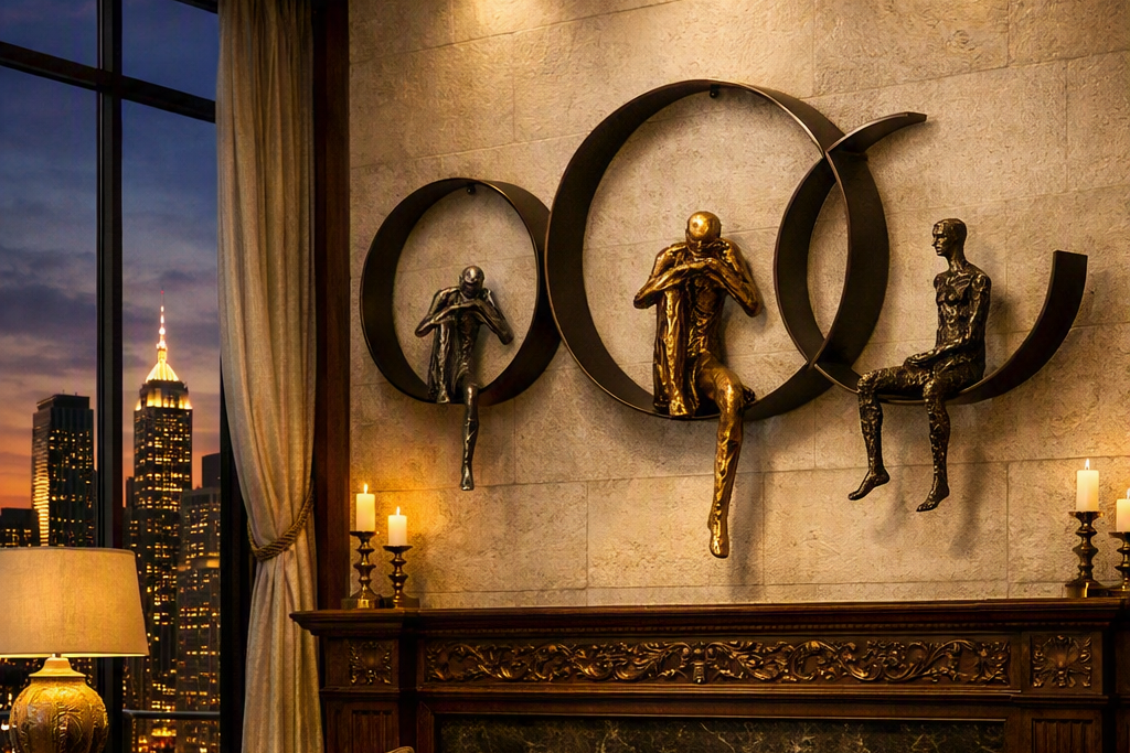 A luxurious living room featuring a dark brown velvet sofa, a marble coffee table with gold trim, and a decorative bronze wall sculpture of three figures sitting in circular frames. The room is warmly lit by candles and wall sconces, with a city skyline visible in the background window.