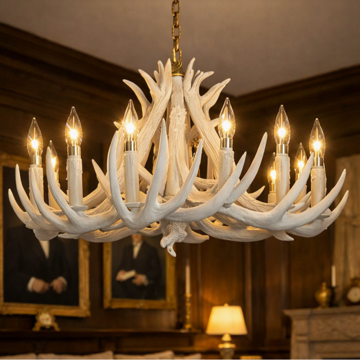 A large multi-arm chandelier designed to look like white antlers, hanging in a dark wood-paneled room with lit bulbs turned on. A 'Made with AI' badge is visible in the top right corner.