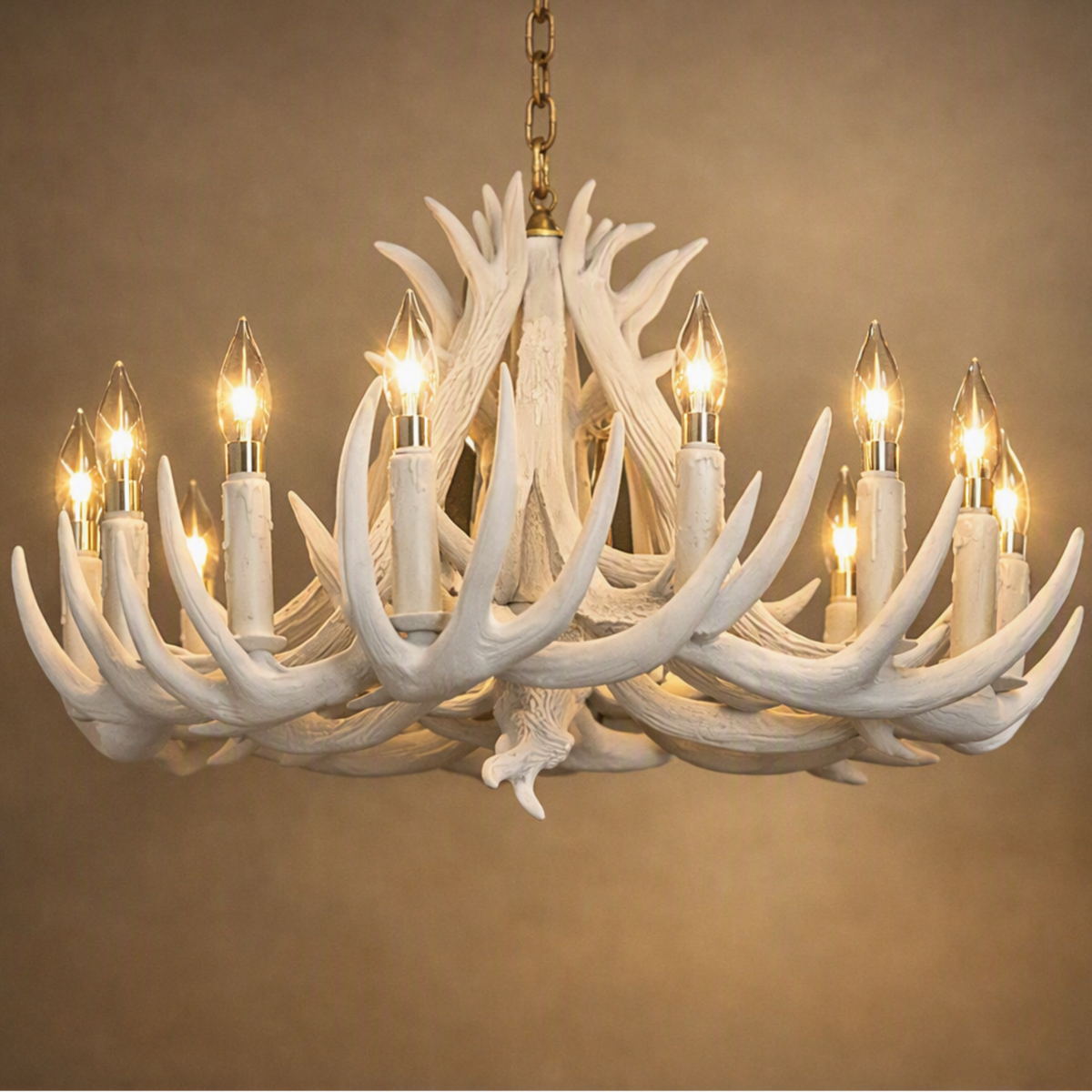 A white antler chandelier with multiple candle-style lights glowing warmly, hanging against a warm brown background. A small 'Made with AI' badge appears in the top right corner.