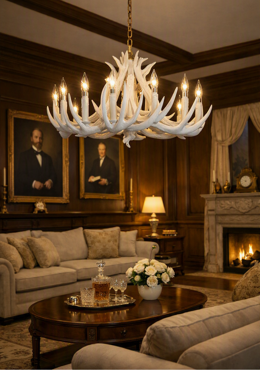 A large white antler-style chandelier with multiple lit candle bulbs hangs in a warm, traditional living room with wood paneling, a fireplace, and upholstered seating. A small 'Made with AI' label appears in the top right corner.