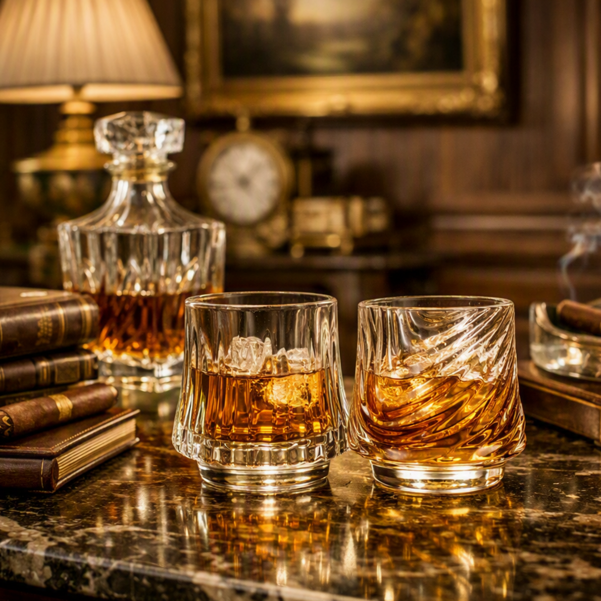 Two clear whiskey rocks glasses filled with amber liquor and ice on a dark marble bar counter, with a cut crystal decanter, stacked cigars, books, a lamp, and a smoky glass in a warm, upscale interior background.