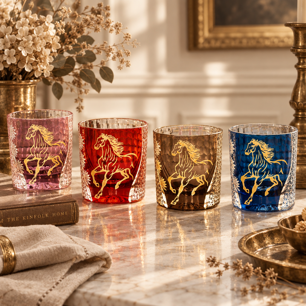 Four decorative drinking glasses with gold horse designs, shown in pink, red, brown, and blue glass on a marble tabletop in a styled interior setting.