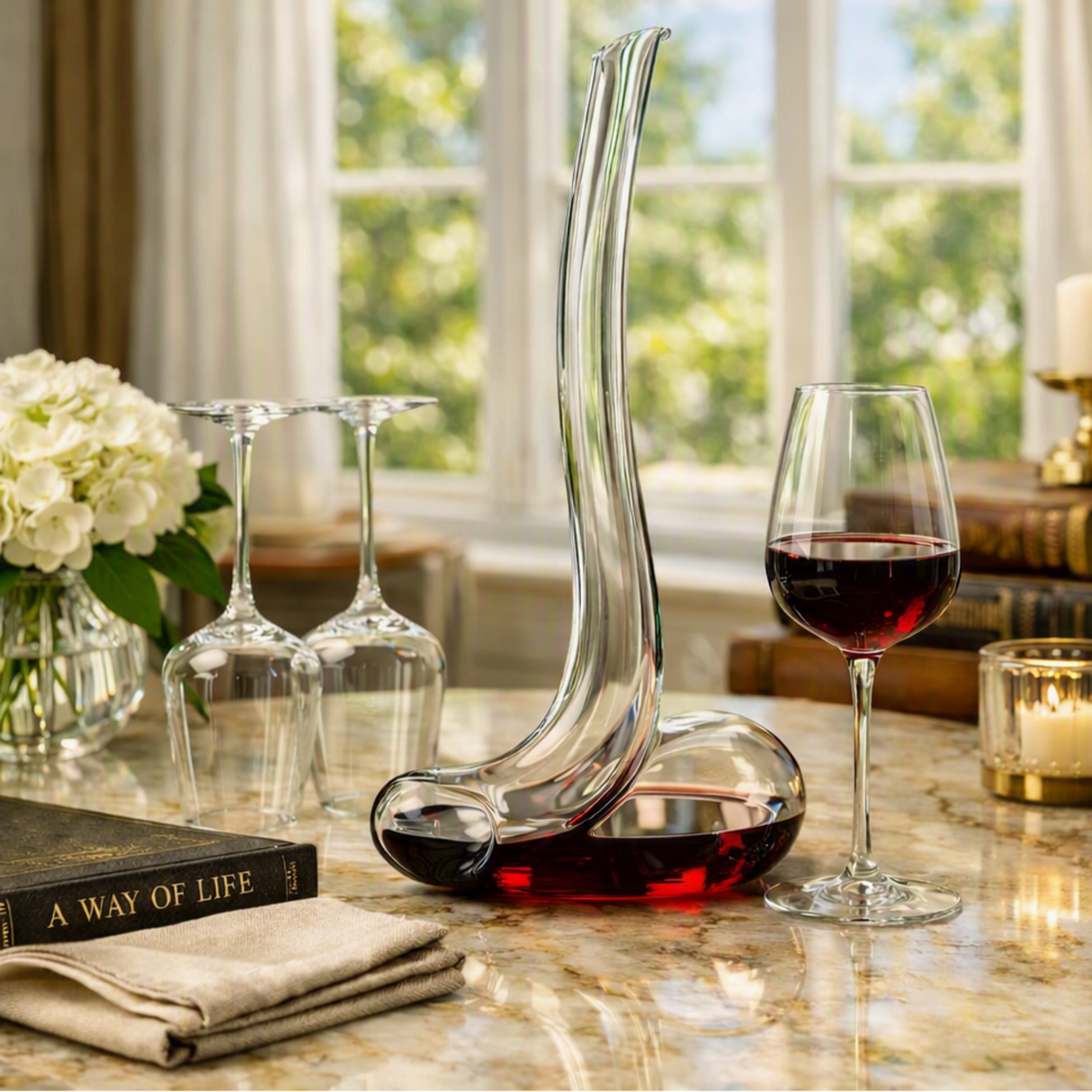 A clear glass wine decanter with a curved neck and matching wine glass filled with red wine, styled on a marble table with wine glasses, flowers, books, and a candle in a bright room.