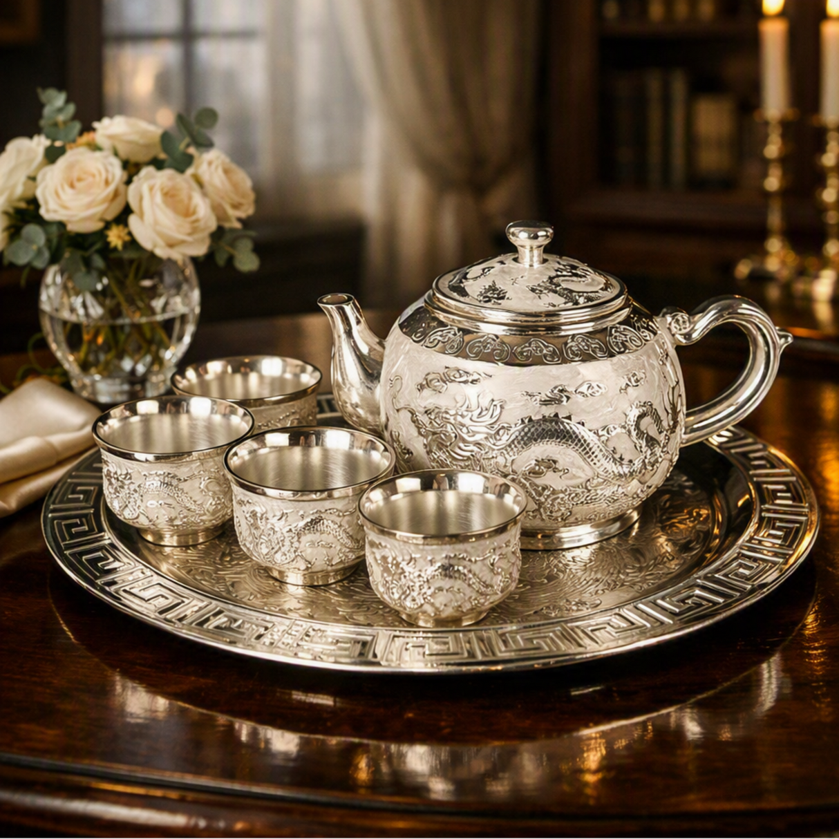 An ornate silver teapot and four matching cups with detailed dragon engravings, presented on a matching round tray on a dark wooden table. The background features a softly blurred warm interior with a vase of white roses and candles.