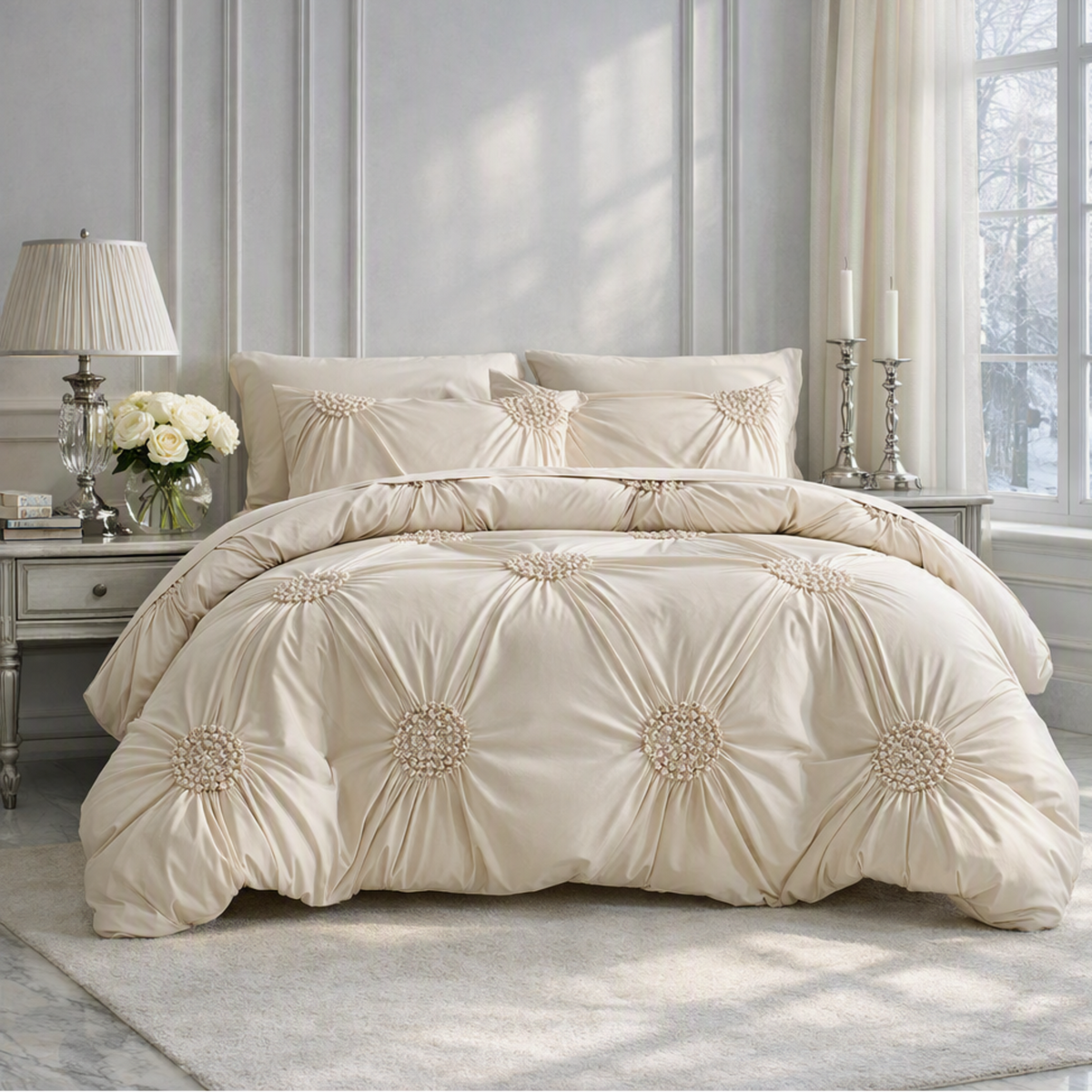 A luxury beige bedding set with a tufted daisy pattern, styled on a bed in a bright, elegant bedroom with white paneled walls, a window, and bedside tables.