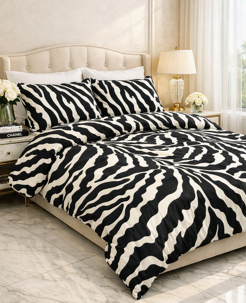 A bed dressed in a black and white zebra-print duvet cover and matching pillow shams, styled in a bright bedroom with a cream tufted headboard, bedside lamp, flowers, and marble flooring. A 'Made with AI' badge appears in the top right corner.