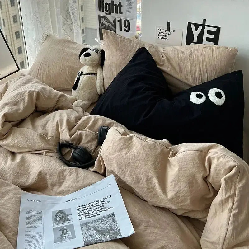 Ins washed cotton solid color four-piece suit can sleep naked in student dormitory 4 three-piece quilt cover - Julia M LifeStyles