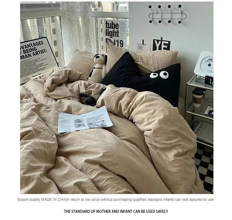 Ins washed cotton solid color four-piece suit can sleep naked in student dormitory 4 three-piece quilt cover - Julia M LifeStyles