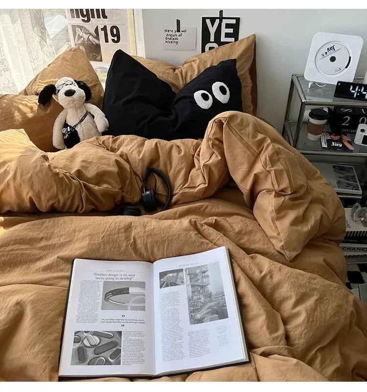 Ins washed cotton solid color four - piece suit can sleep naked in student dormitory 4 three - piece quilt cover - Julia M LifeStyles