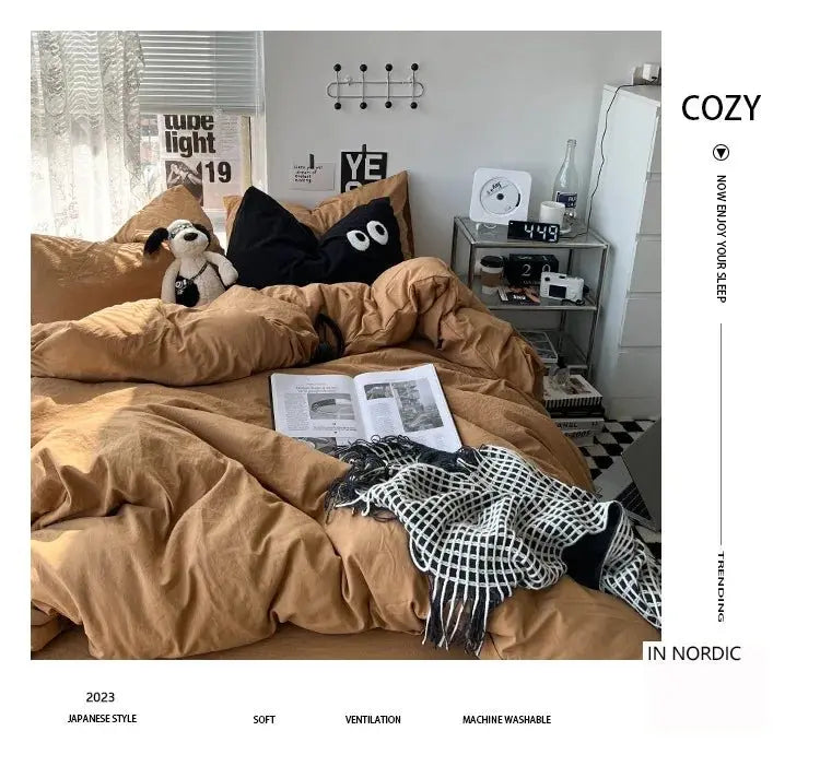 Ins washed cotton solid color four - piece suit can sleep naked in student dormitory 4 three - piece quilt cover - Julia M LifeStyles