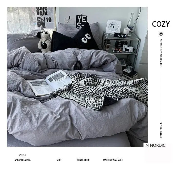 Ins washed cotton solid color four - piece suit can sleep naked in student dormitory 4 three - piece quilt cover - Julia M LifeStyles
