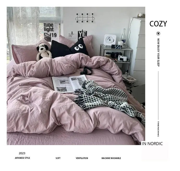 Ins washed cotton solid color four - piece suit can sleep naked in student dormitory 4 three - piece quilt cover - Julia M LifeStyles