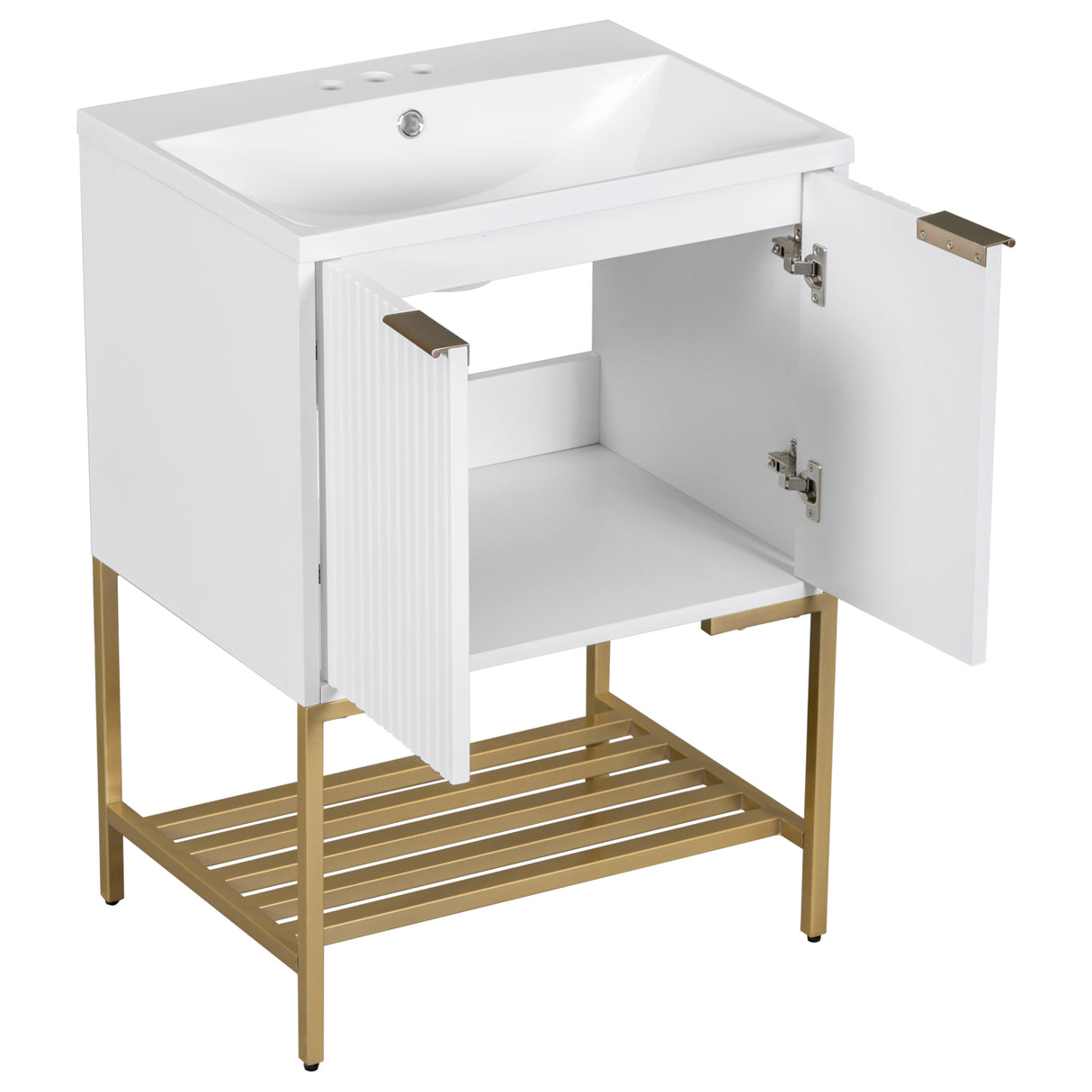 24" Bathroom Vanity with Sink, Bathroom Vanity Cabinet with Two Doors and Gold Metal Frame, Open Storage Shelf, White - Julia M LifeStyles