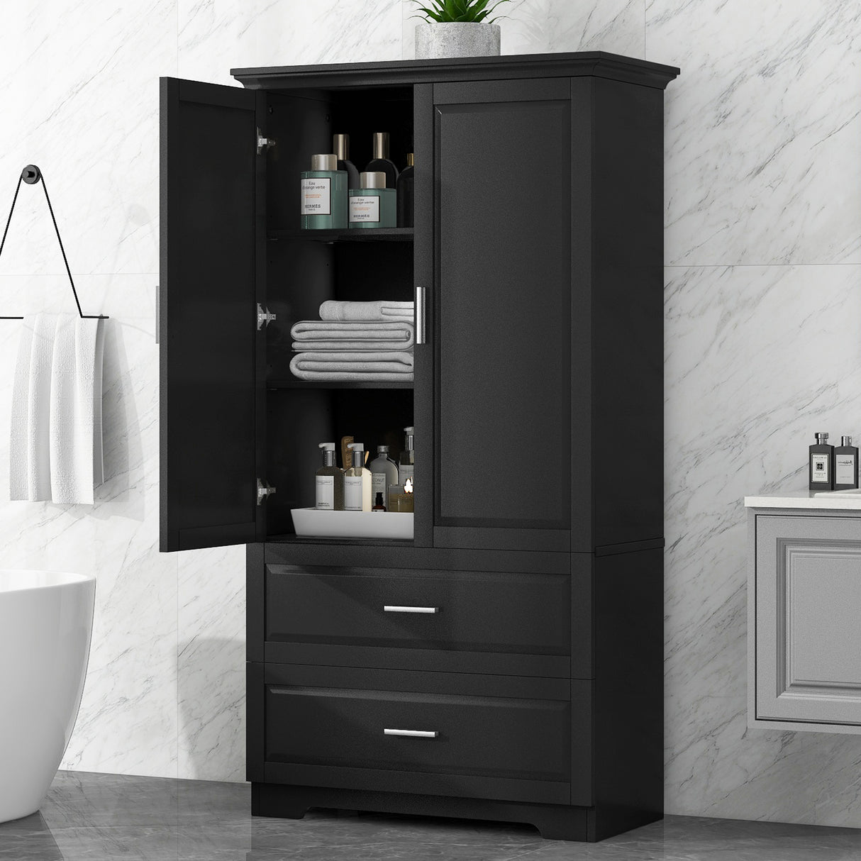 Tall Bathroom Storage Cabinet, Cabinet with Two Doors and Drawers, Adjustable Shelf, MDF Board, Black - Julia M LifeStyles