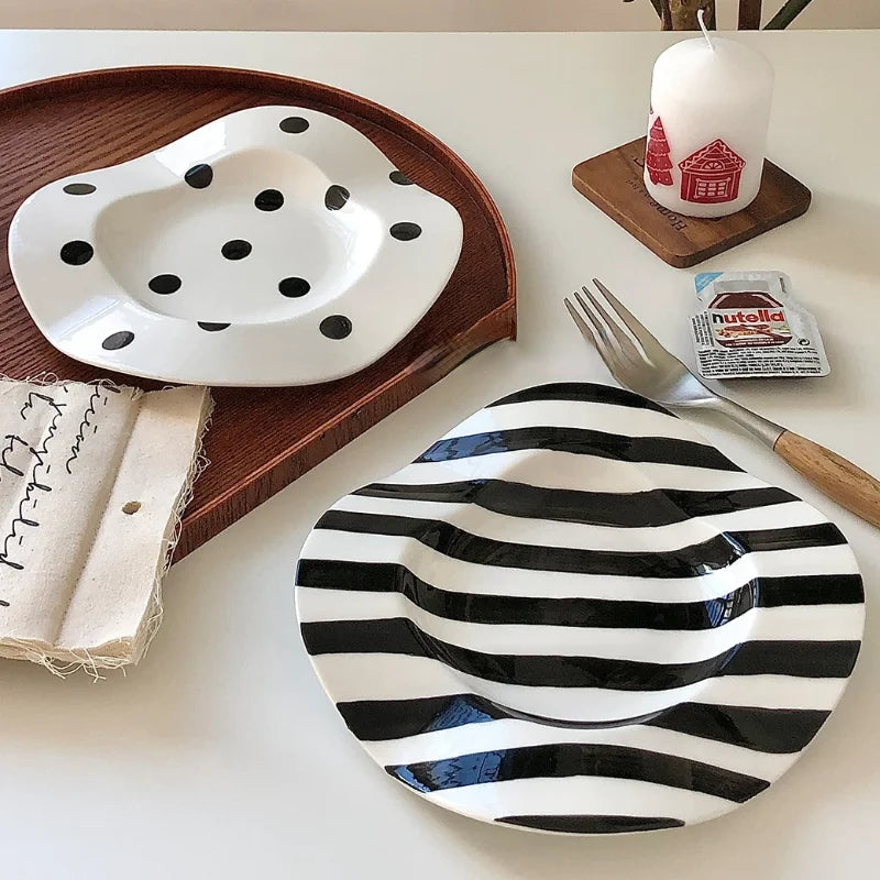 Nordic Ceramic Plate Dot Stripe Irregular Wave Shape Ceramic Dessert Plate Pasta Plate Dinner Plates Ceramic Dish Plates Julia M Home & Kitchen