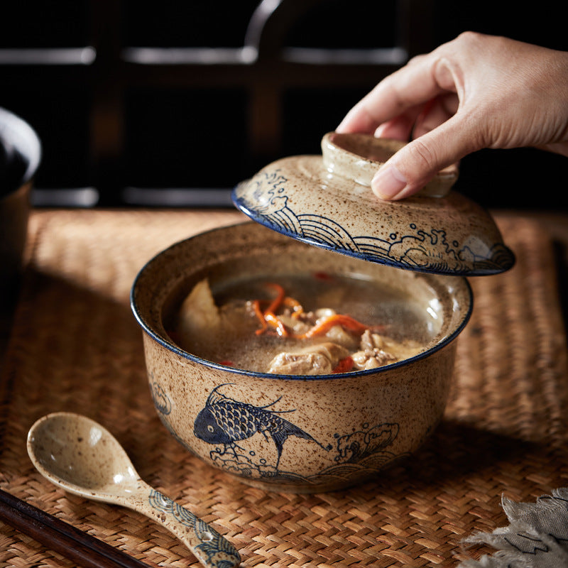 6.5 inch instant noodles bowl with cover bento box student underglaze color ceramic suit Lamian Noodles bowl canteen tableware Julia M Home & Kitchen