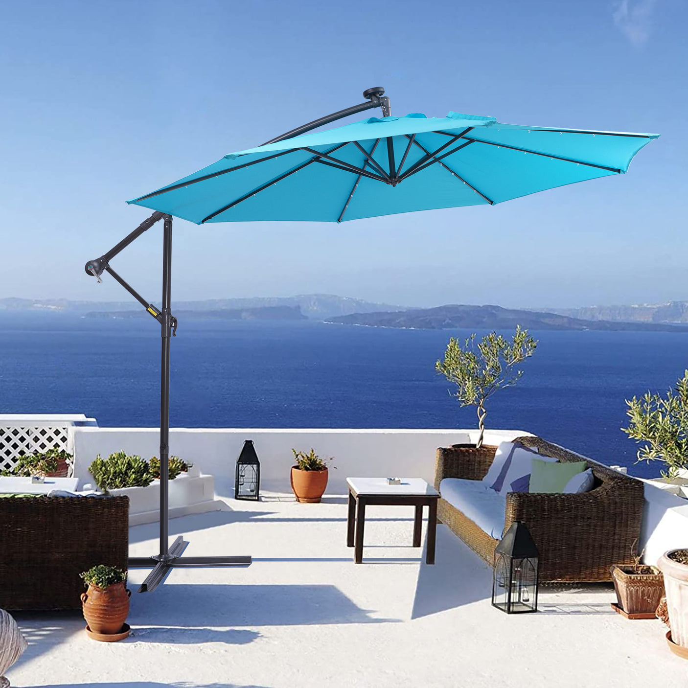 10 FT Solar LED Patio Outdoor Umbrella Hanging Cantilever Umbrella Offset Umbrella Easy Open Adustment with 32 LED Lights - Julia M LifeStyles