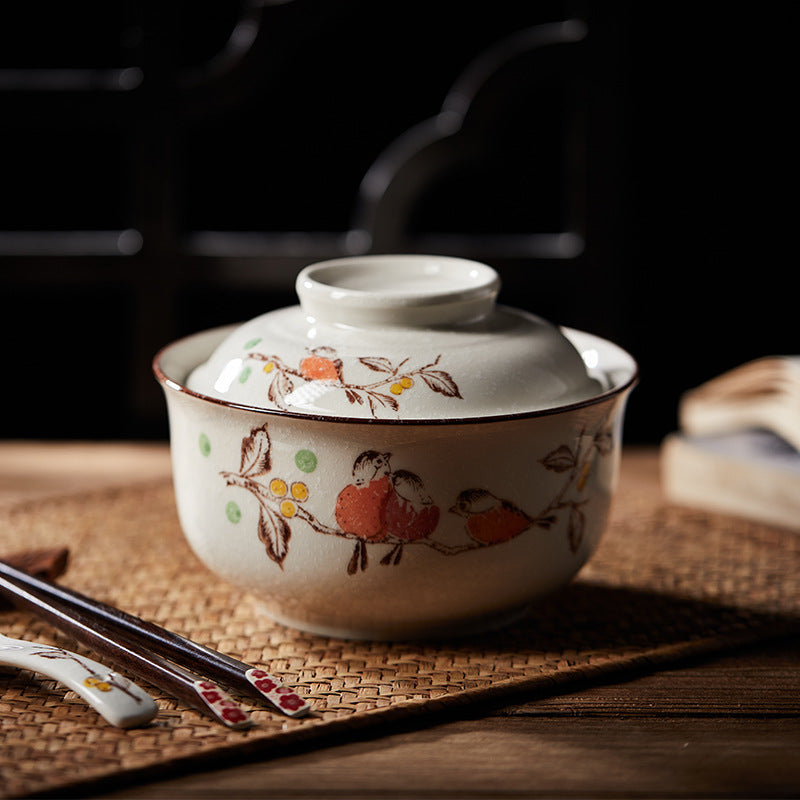 6.5 inch instant noodles bowl with cover bento box student underglaze color ceramic suit Lamian Noodles bowl canteen tableware Julia M Home & Kitchen