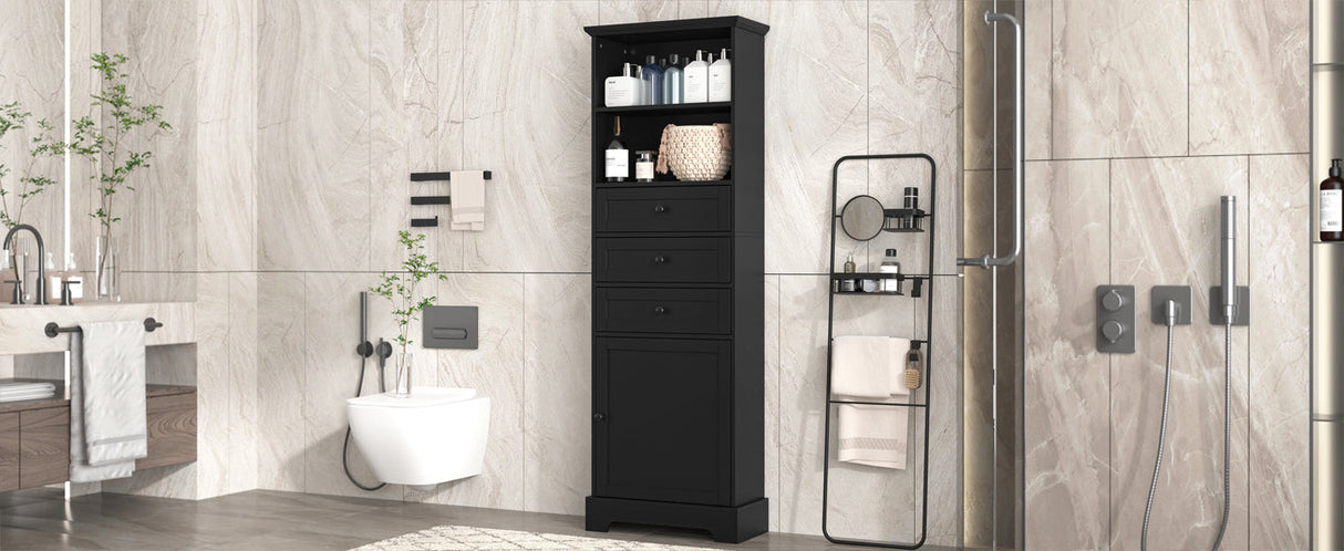 Black high storage cabinet with 3 drawers and adjustable shelves, MDF board painted eprolo