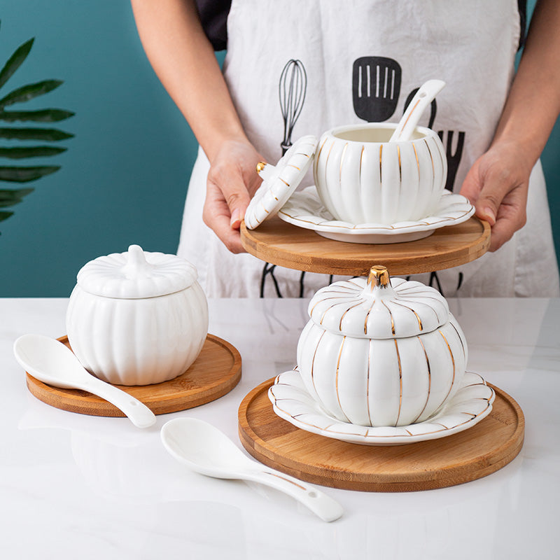 Creative Ceramic Pumpkin Cup, Steamed Egg Cup, Stewed Pot with Cover, Pure White Mini Bird's Nest Cup, Soup Cup - Julia M LifeStyles