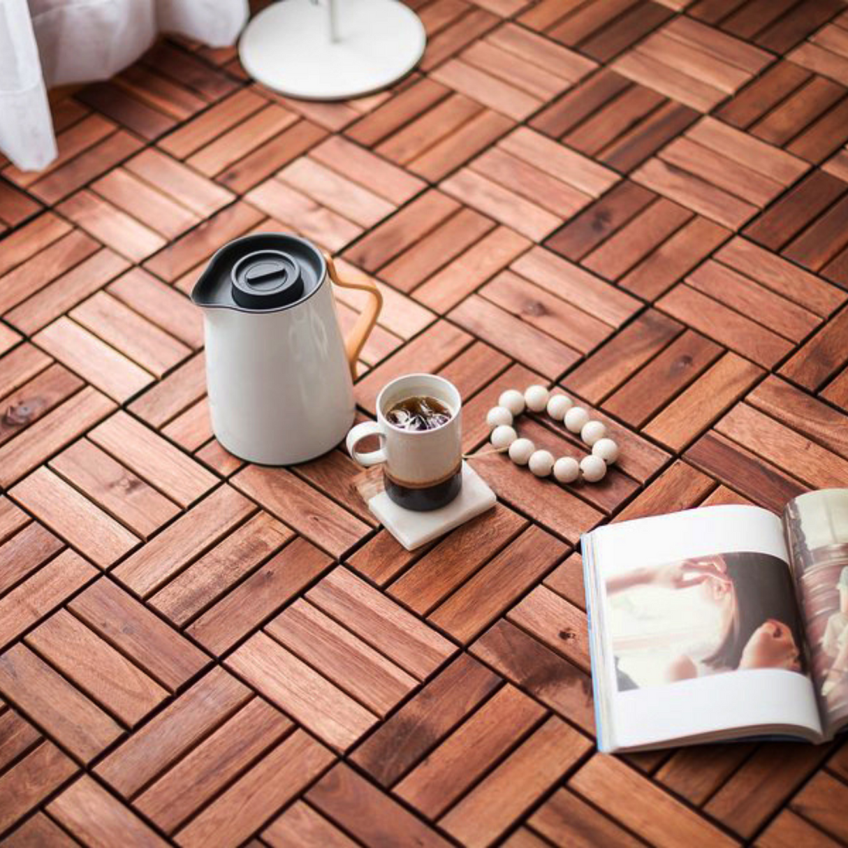 Acacia interlocking deck tile grid pattern, 10 pieces of 12 inch x 12 inch square brown Acacia hardwood outdoor flooring - Julia M LifeStyles