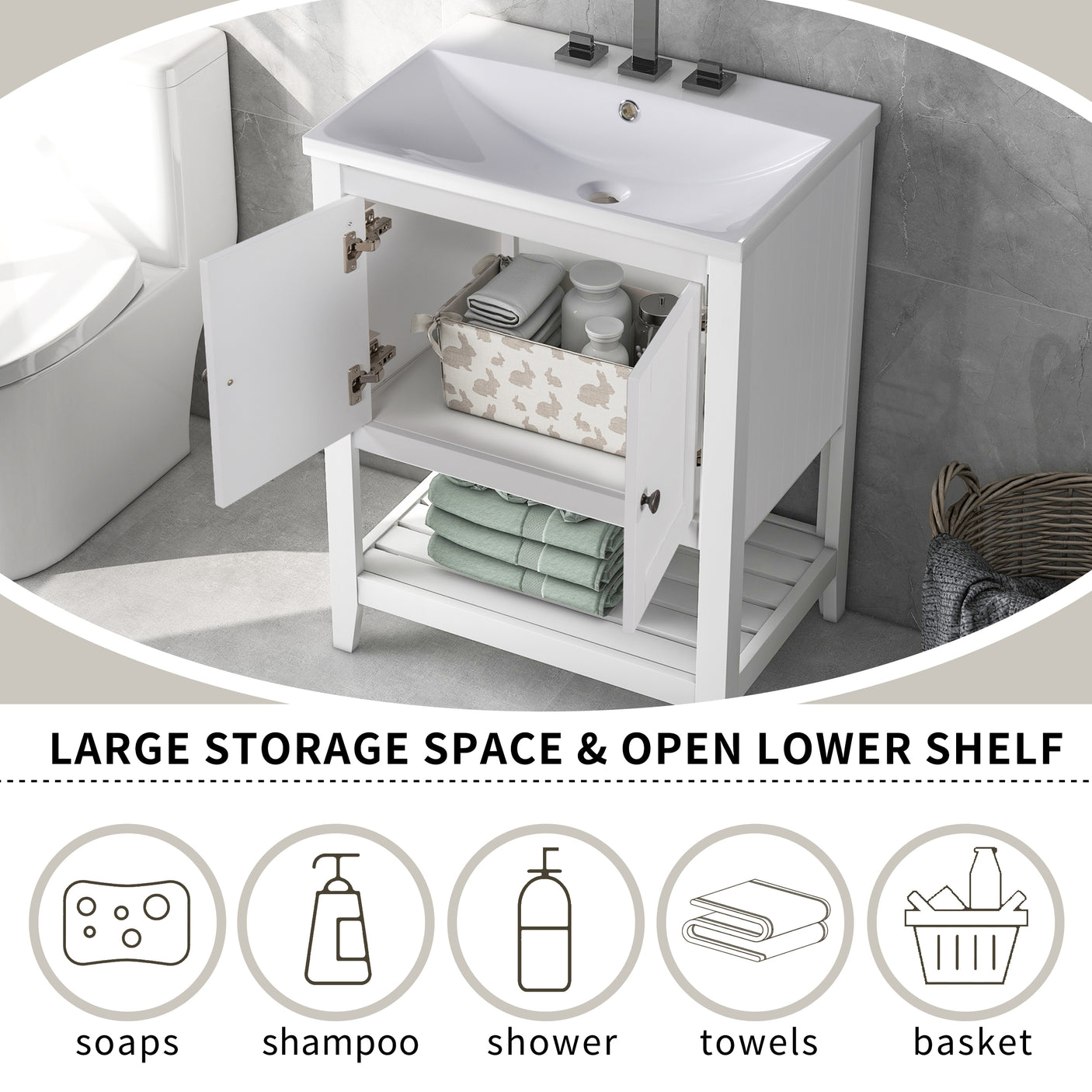 24" Bathroom Vanity Base Only, Soild Wood Frame, Bathroom Storage Cabinet with Doors and Open Shelf, White - Julia M LifeStyles