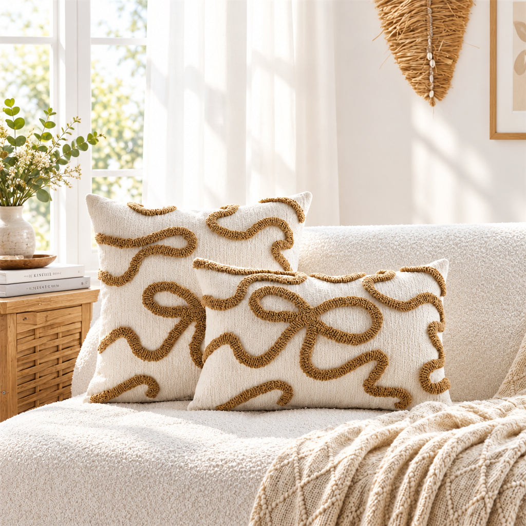 Two square throw pillows with a raised wavy pattern in a warm brown on an off-white textured fabric, styled on a cream boucle sofa in a bright, sunlit living room.