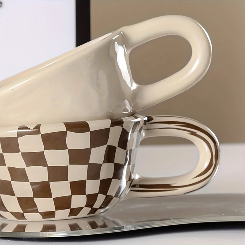A 300ml ceramic retro couple checkerboard grid small capacity milk white wind mug coffee cups Julia M Home & Kitchen