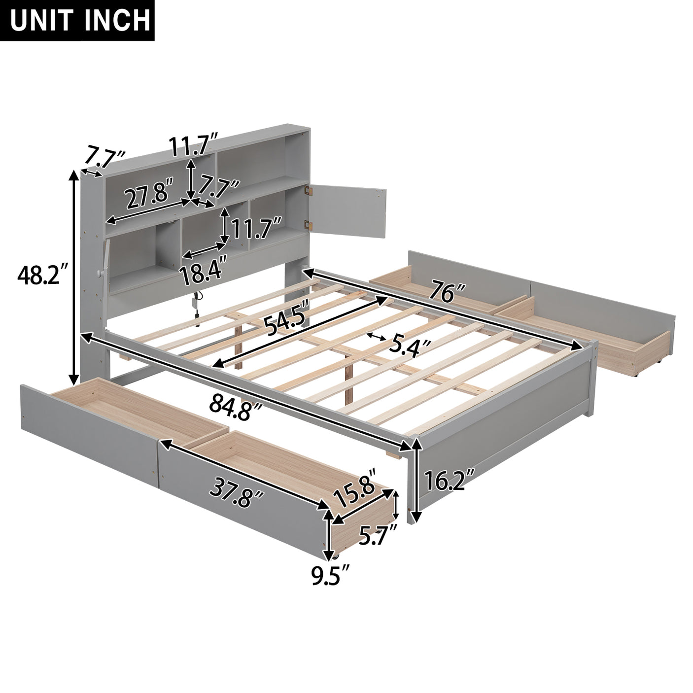 Full Size Platform Bed with Storage Headboard, Charging Station and 4 Drawers, Gray - Julia M LifeStyles
