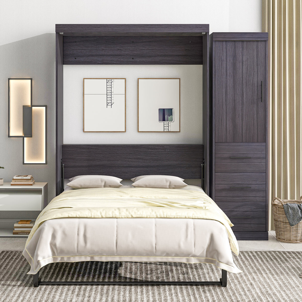 Full Size Murphy Bed with Wardrobe and Drawers, Storage Bed, can be Folded into a Cabinet, Gray - Julia M LifeStyles