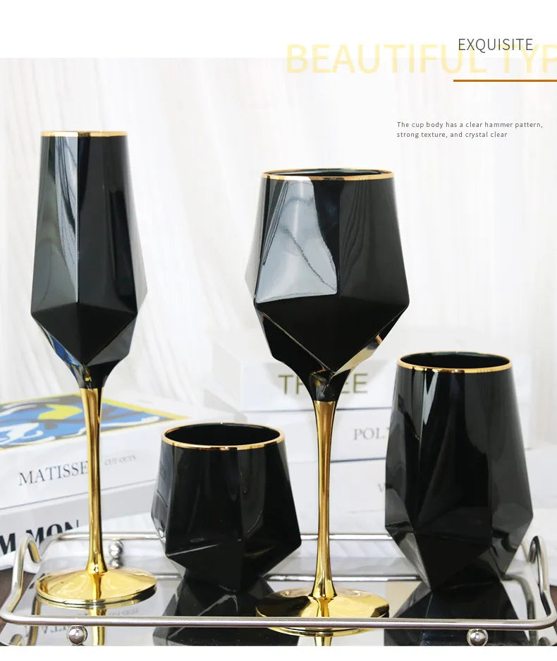 Pure Black Crystal Golden Edge Wine Glass Goblet Light Luxury Irregular Model Room Special Champagne Cup Whiskey Beer Glasses