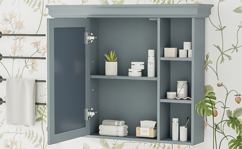 35 ''x 28' 'blue wall mounted bathroom storage cabinet with mirror door and medication cabinet with 6 open shelves Julia M Home & Kitchen