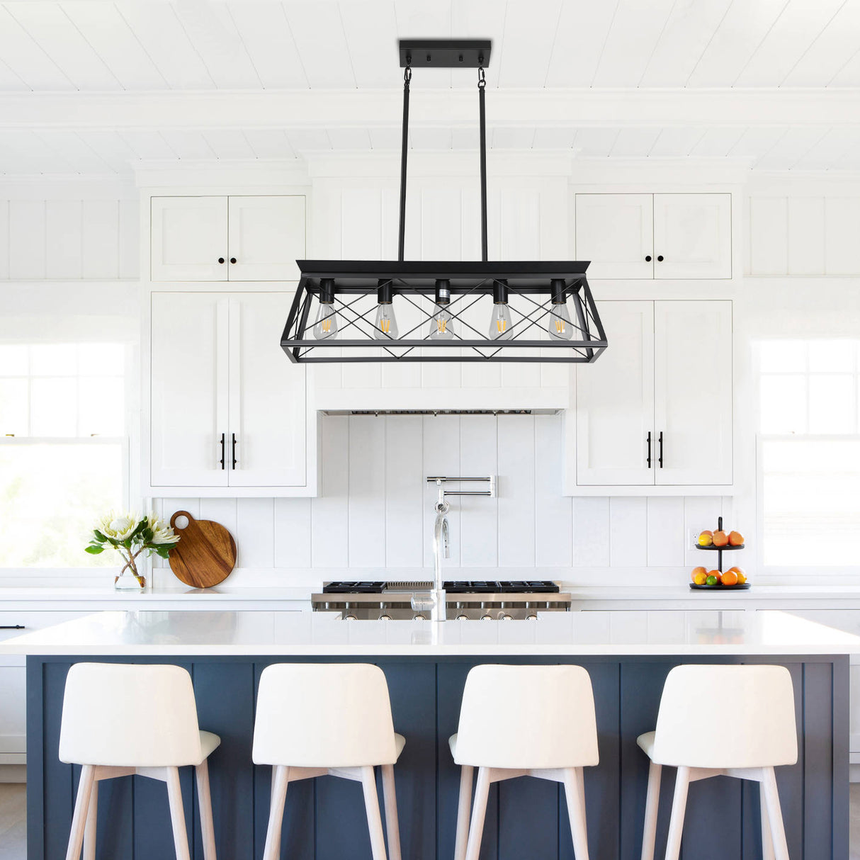 5-light farmhouse pendant light, metal pendant light island fixture, modern rectangular island light, pure black (no bulb) - Julia M LifeStyles