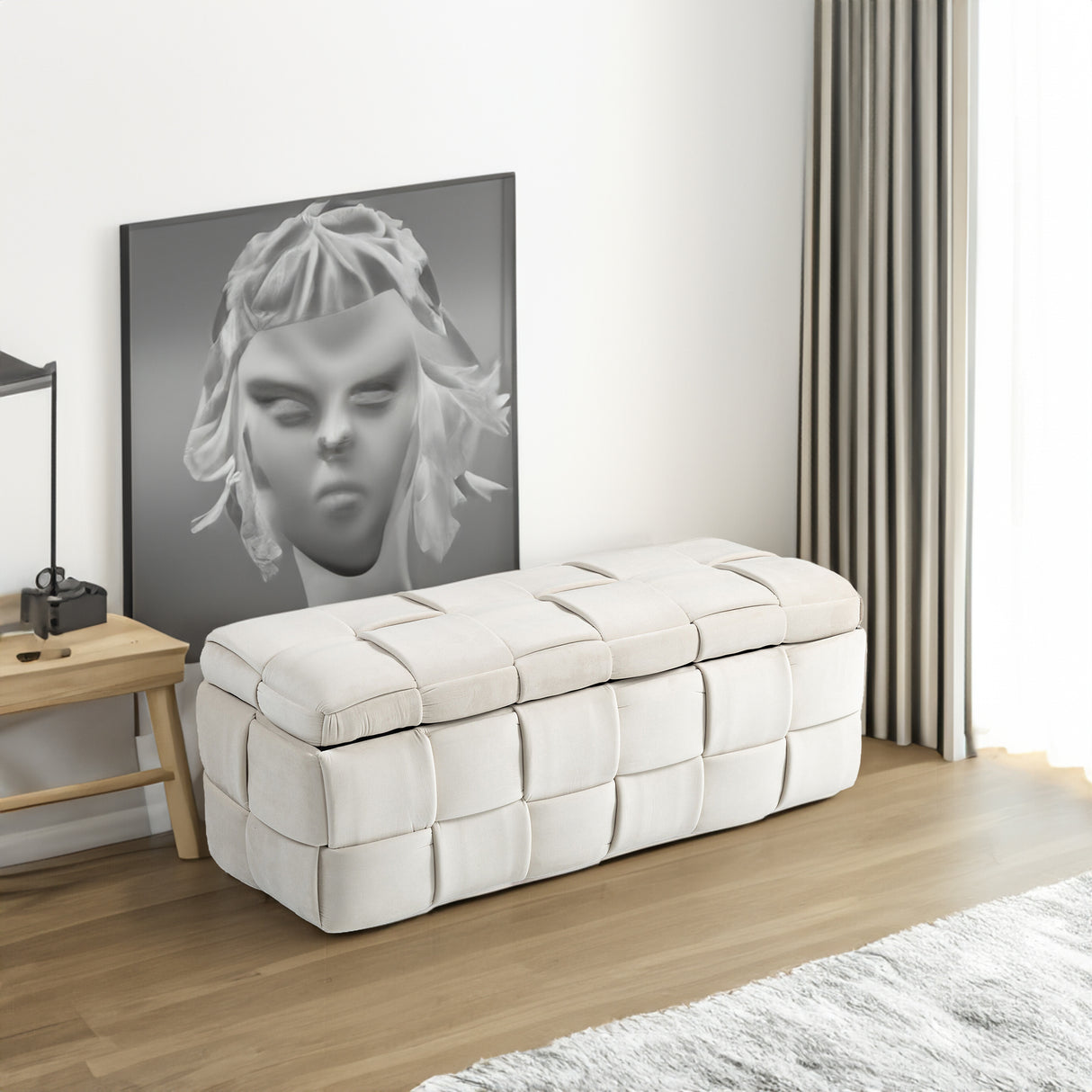 storage Ottoman chair, bedroom end stool, cushioned fabric entrance cushioned footstool with safety hinge (beige) - Julia M LifeStyles