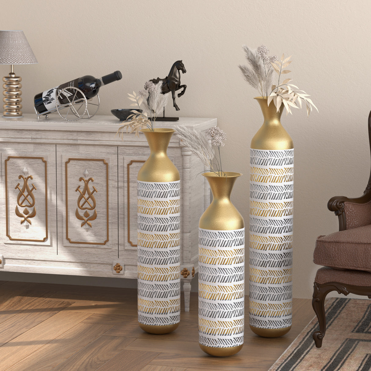 High floor vases -24/28.7/33.5-inch vases, 3 large metal glazed vases, Pampas Prairie Twigs vintage gray - Julia M LifeStyles