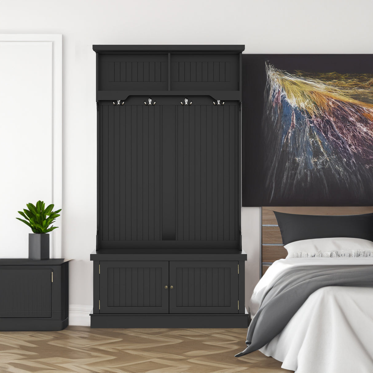 Hall Tree with Storage Shoe Bench for Entryway and Hallway, 4-in-1 Design Coat Racks with 4 Hooks for Living Room, Black - Julia M LifeStyles