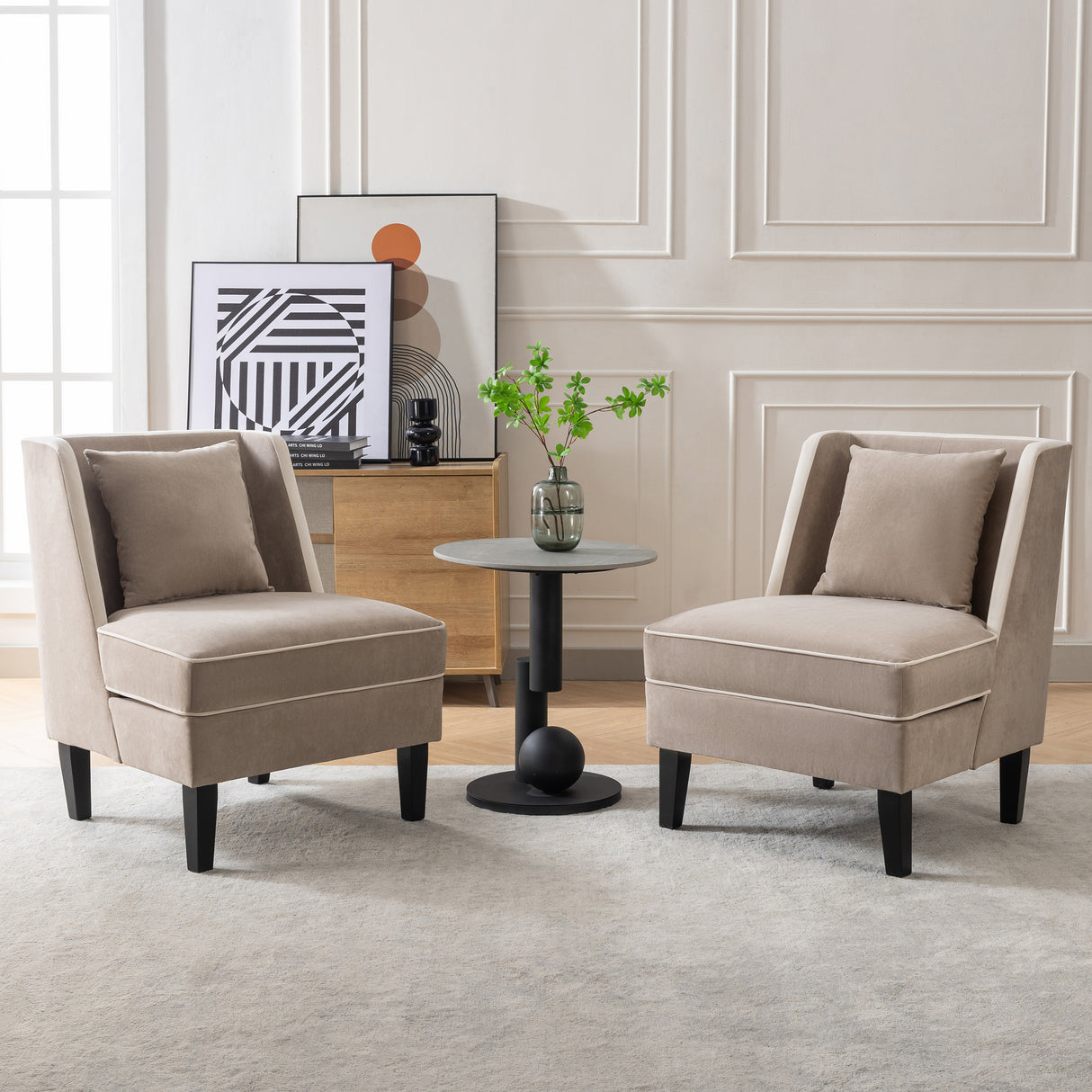 Velvet Upholstered Accent Chair with Cream Piping, Tan and Cream - Julia M LifeStyles