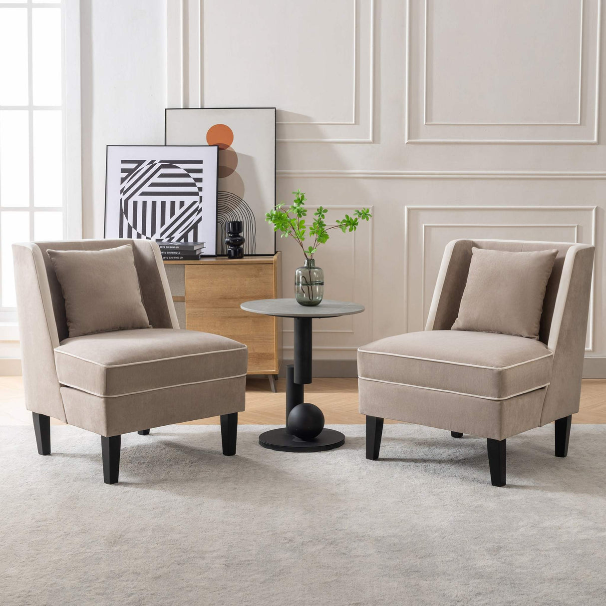 Velvet Upholstered Accent Chair with Cream Piping, Tan and Cream - Julia M LifeStyles