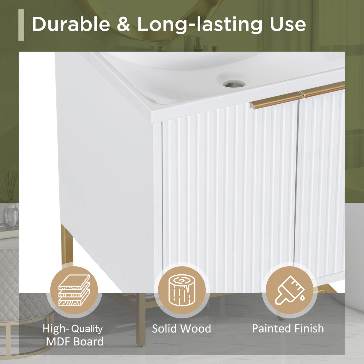 24" Bathroom Vanity with Sink, Bathroom Vanity Cabinet with Two Doors and Gold Metal Frame, Open Storage Shelf, White - Julia M LifeStyles