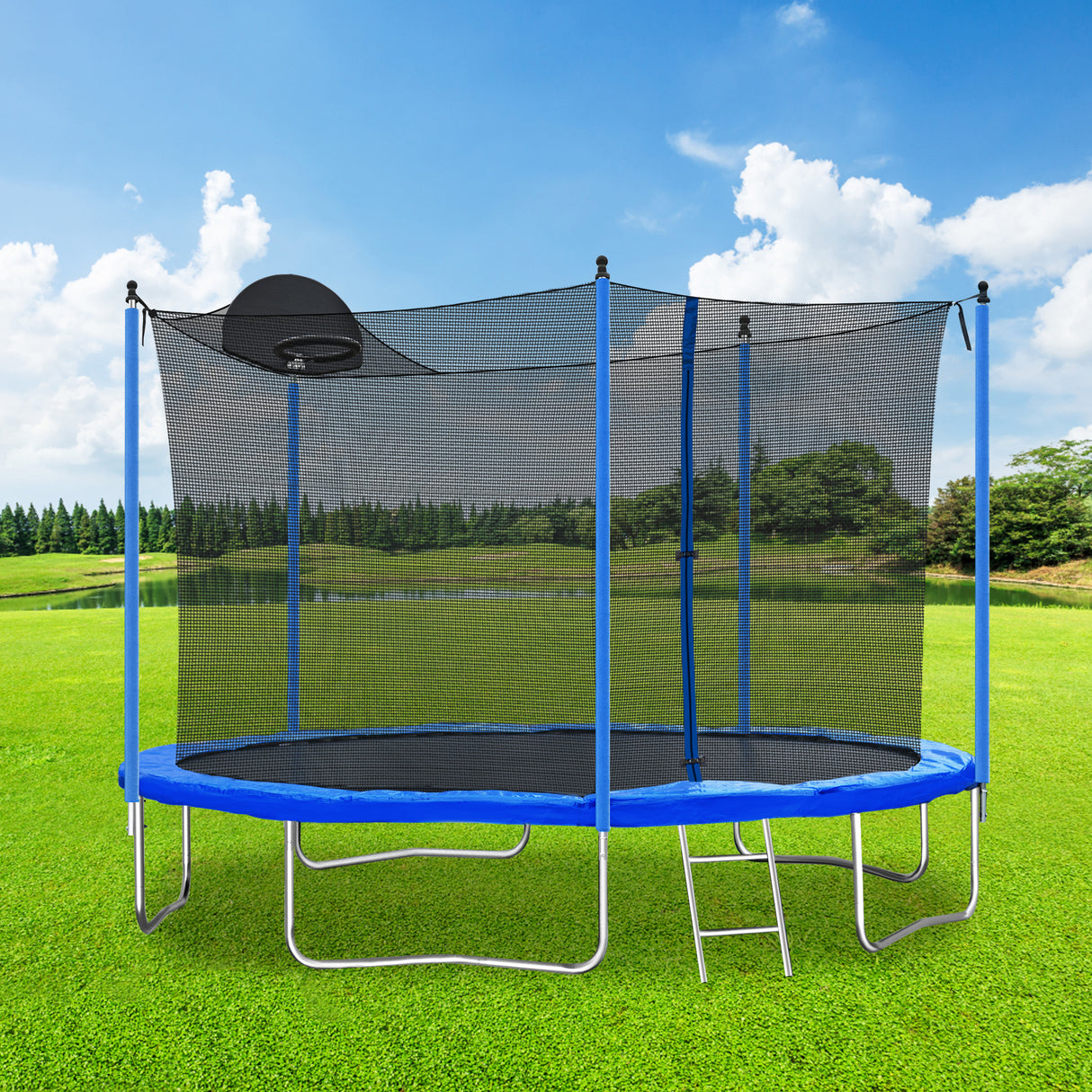 12FT Trampoline for Adults & Kids with Basketball Hoop, Outdoor Trampolines w/Ladder and Safety Enclosure Net for Kids and adult - Julia M LifeStyles