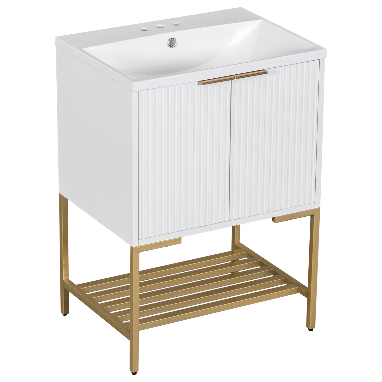 24" Bathroom Vanity with Sink, Bathroom Vanity Cabinet with Two Doors and Gold Metal Frame, Open Storage Shelf, White - Julia M LifeStyles