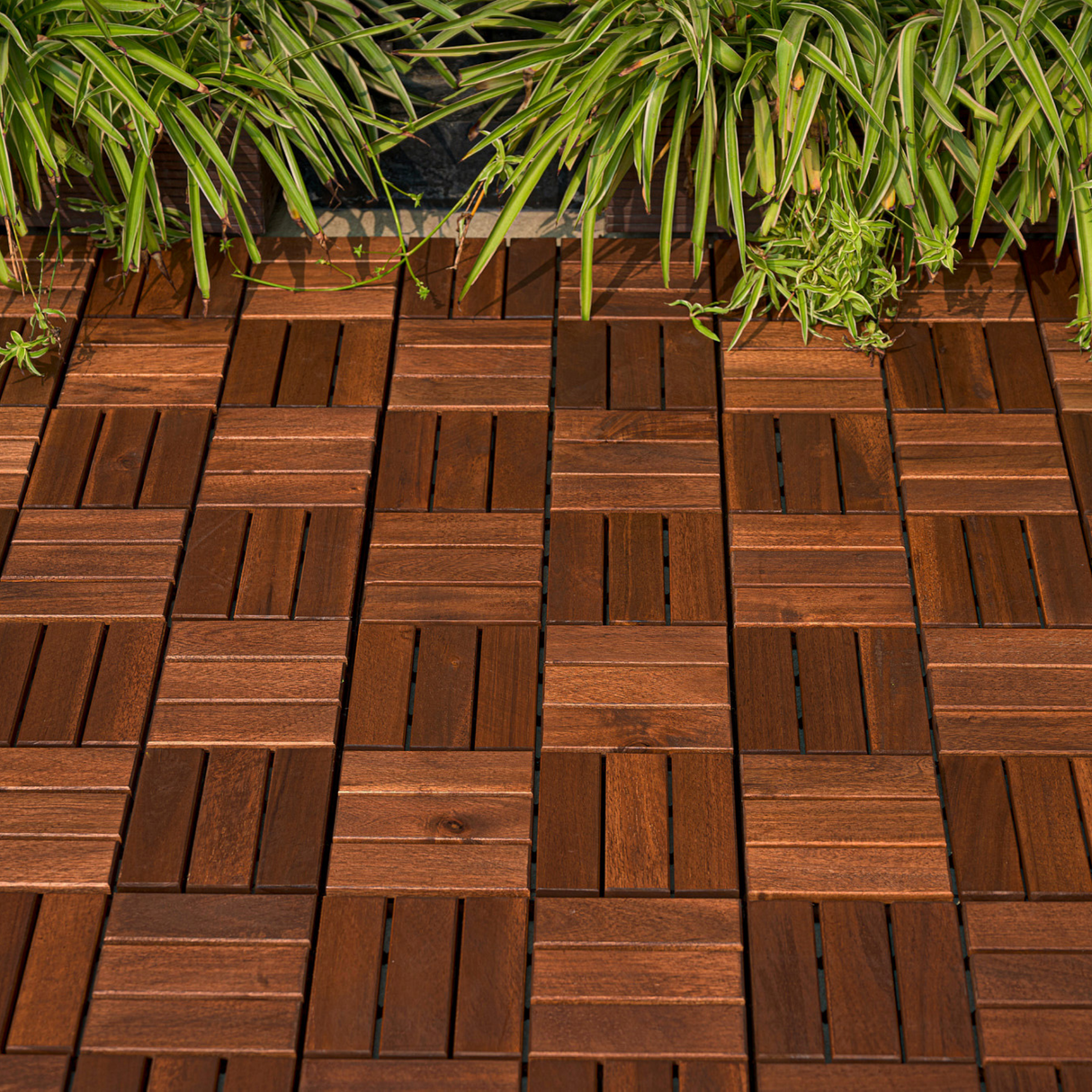 Acacia interlocking deck tile grid pattern, 10 pieces of 12 inch x 12 inch square brown Acacia hardwood outdoor flooring - Julia M LifeStyles