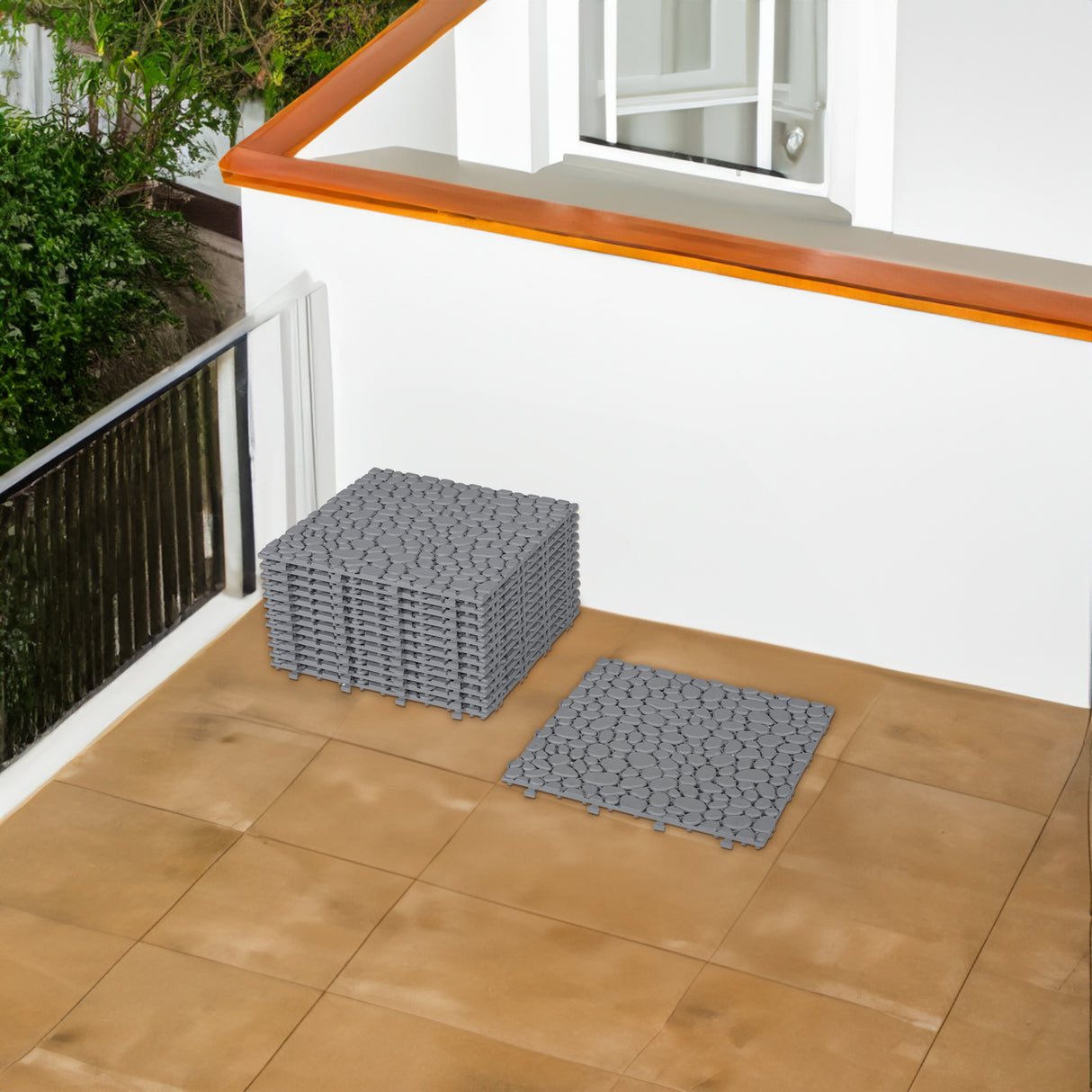 12 x 12 inch gray interlocking deck tiles, plastic waterproof pebble pattern, pack of 12 pieces - Julia M LifeStyles