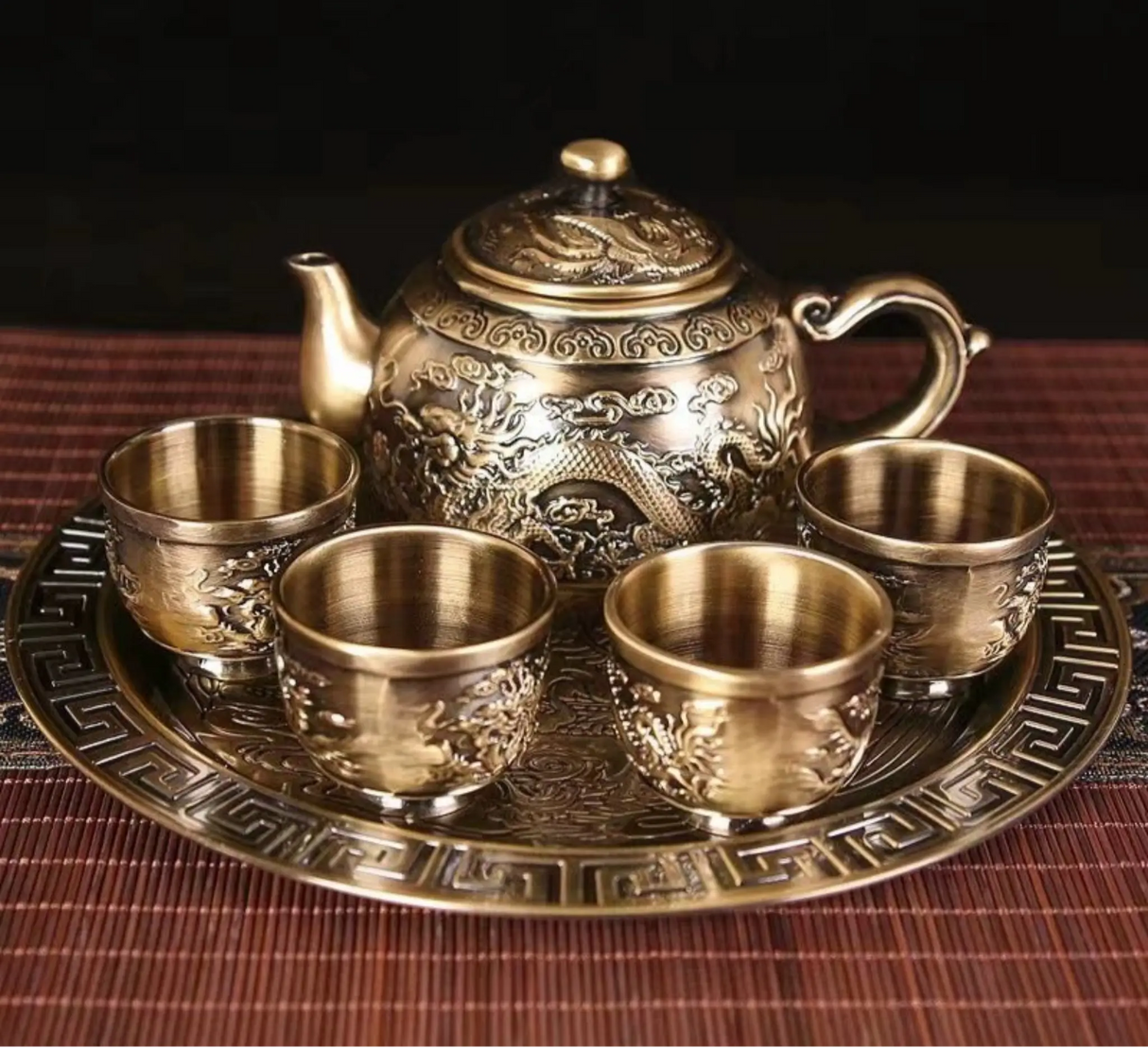 Dragon Phoenix 999 Pure Silver Tea Set - Teapot and 4 Cups in Elegant Leather Box - Julia M LifeStyles