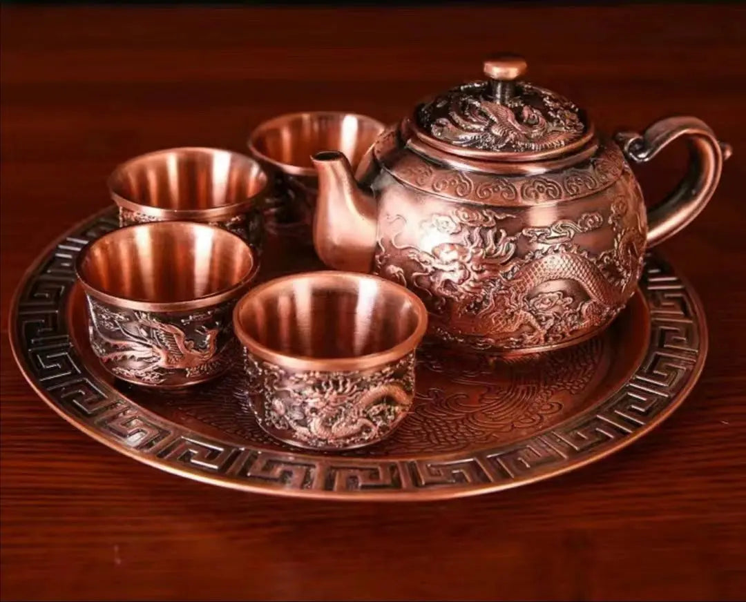 Dragon Phoenix 999 Pure Silver Tea Set - Teapot and 4 Cups in Elegant Leather Box - Julia M LifeStyles
