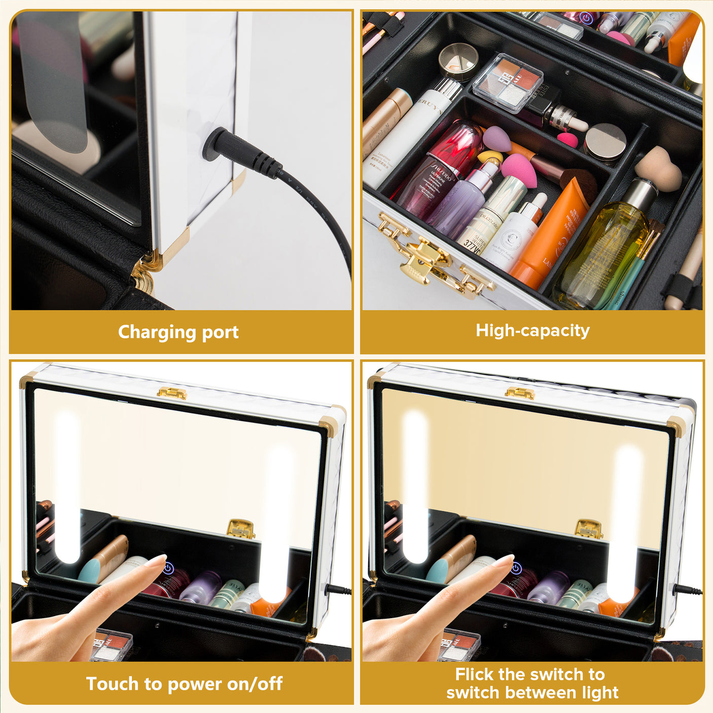 Portable makeup case, travel makeup bag with LED mirror, locked makeup storage box, brush holder, divider, rechargeable, white - Julia M LifeStyles