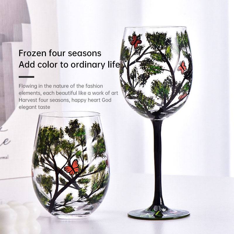 Light luxury ins crystal glass wine glass hand-painted household goblet four seasons painted wine glass - Julia M LifeStyles