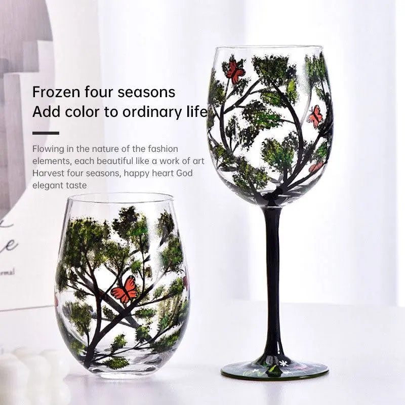 Hand-painted crystal glass wine goblet with four seasons design on premium crystal