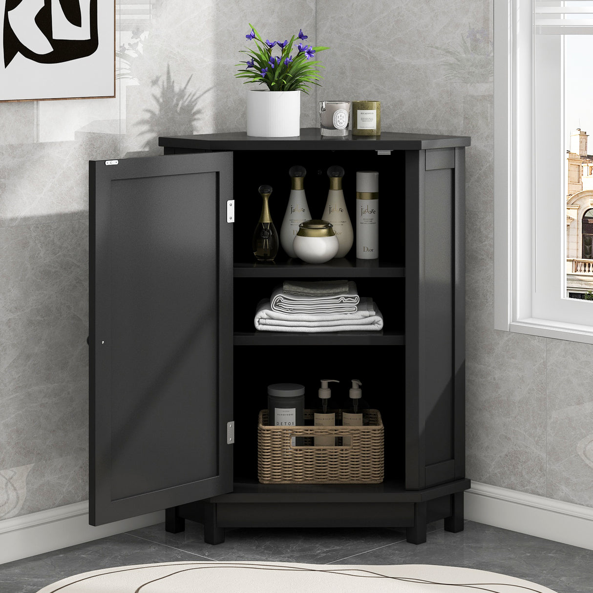 Black Bathroom Cabinet Triangle Corner Storage Cabinet with Adjustable Shelf Modern Style MDF Board - Julia M LifeStyles