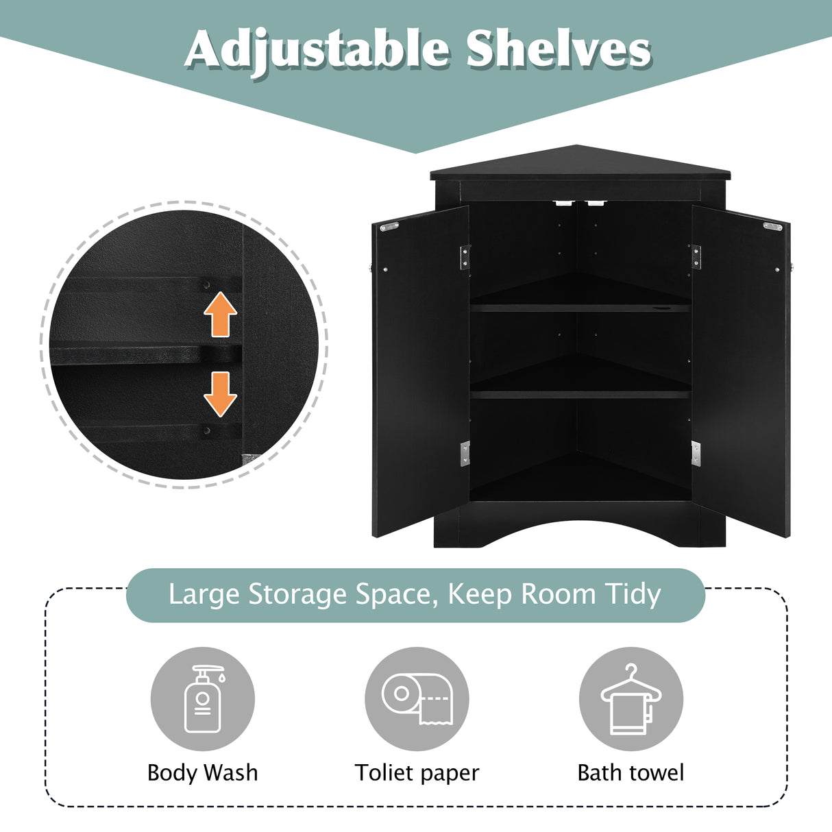 Black Triangle Bathroom Storage Cabinet with Adjustable Shelves, Freestanding Floor Cabinet for Home Kitchen - Julia M LifeStyles
